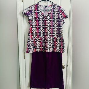 Koi by Barco Multi-Color Geometric Patterned V-Neck Scrub Top & Purple Pants Set